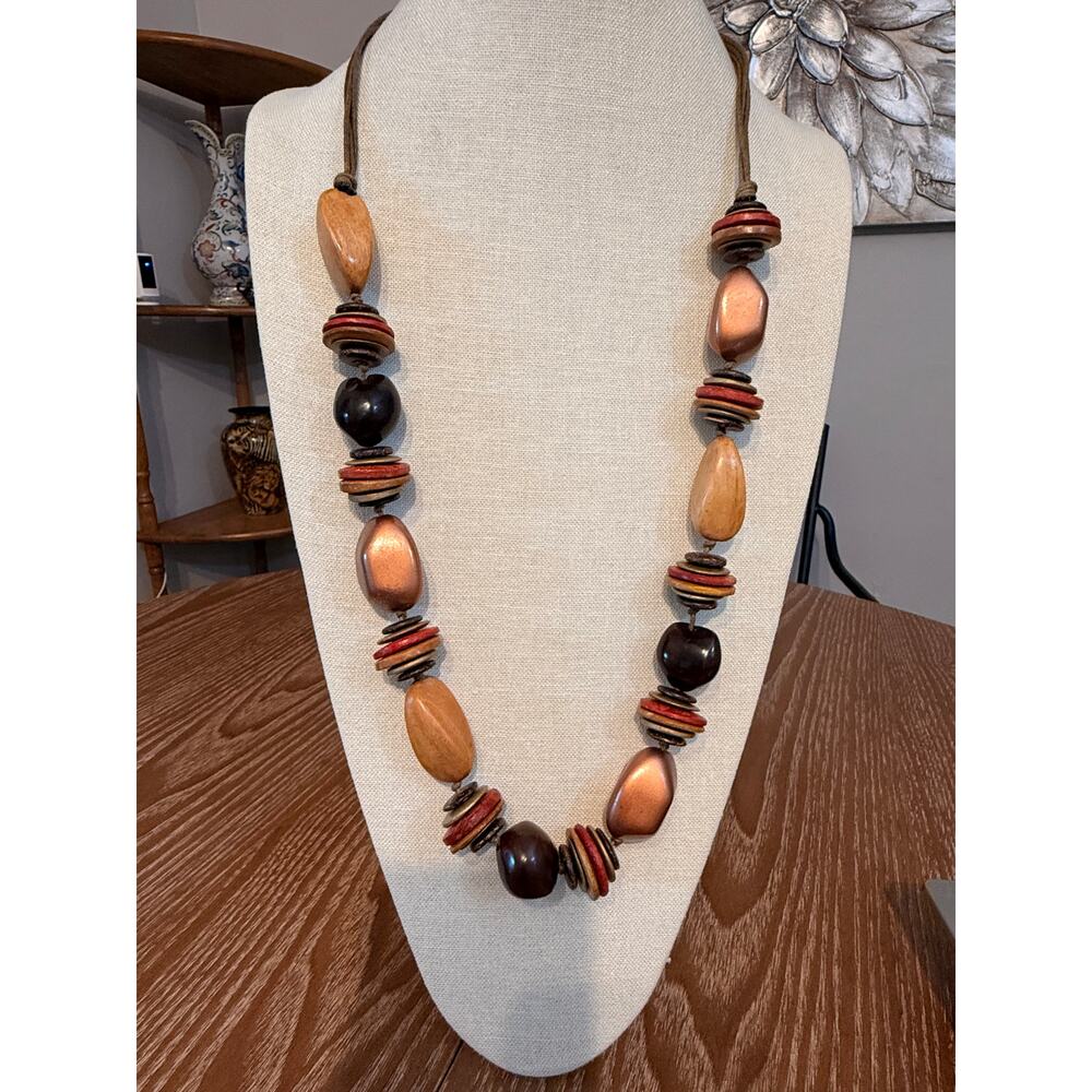 Long Wood Heishi Bead Necklace 35” Boho Natural